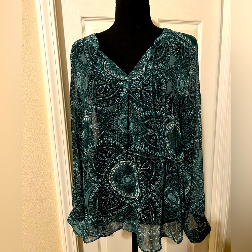 Banana Republic paisley sheer teal green peasant blouse tunic size medium
